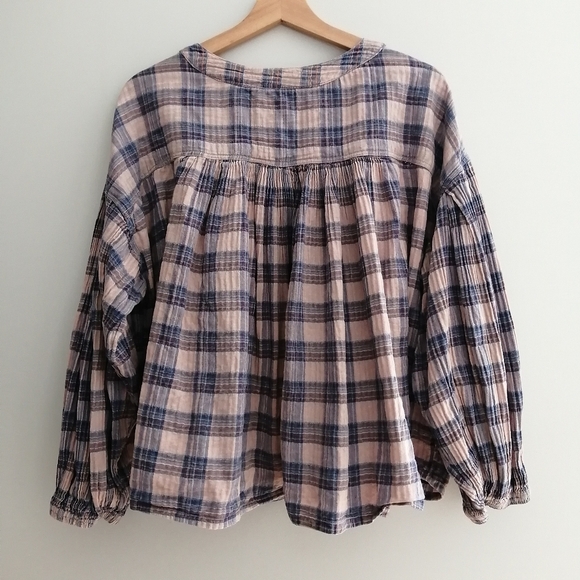 Free People We The Free Jessi Plaid Pleated Trapeze Top Balloon Sleeves Large - Picture 4 of 16